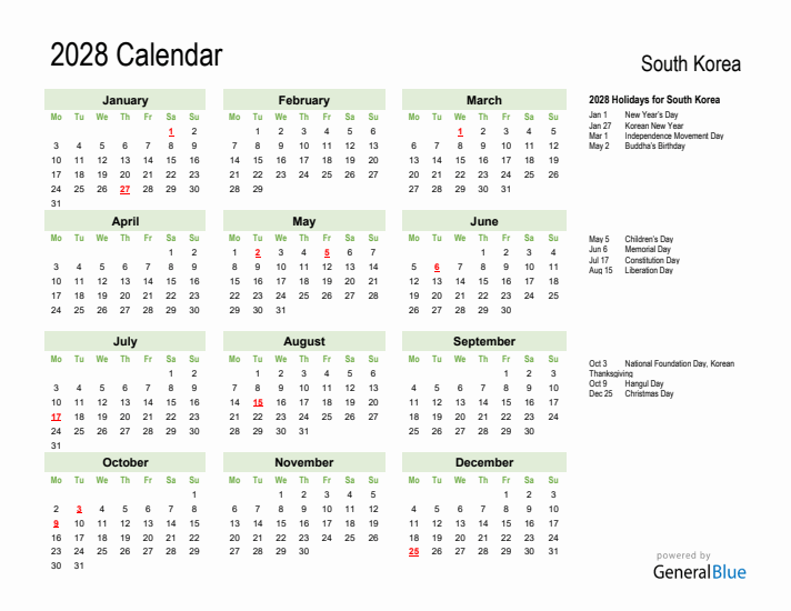 Holiday Calendar 2028 for South Korea (Monday Start)