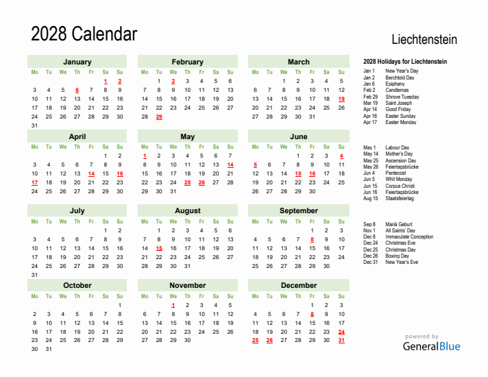 Holiday Calendar 2028 for Liechtenstein (Monday Start)