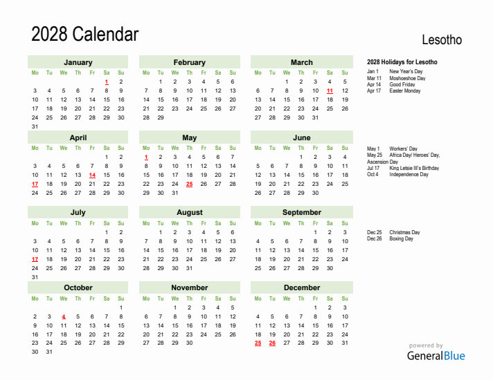 Holiday Calendar 2028 for Lesotho (Monday Start)