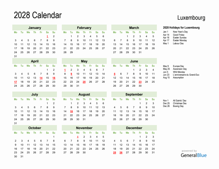 Holiday Calendar 2028 for Luxembourg (Monday Start)