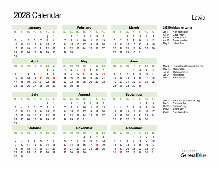 Holiday Calendar 2028 for Latvia (Monday Start)