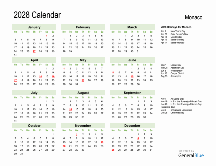 Holiday Calendar 2028 for Monaco (Monday Start)