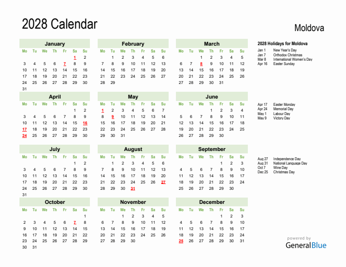 Holiday Calendar 2028 for Moldova (Monday Start)
