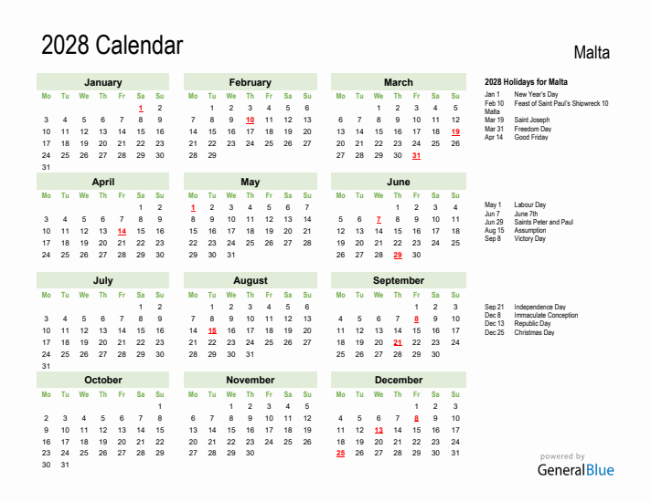 Holiday Calendar 2028 for Malta (Monday Start)