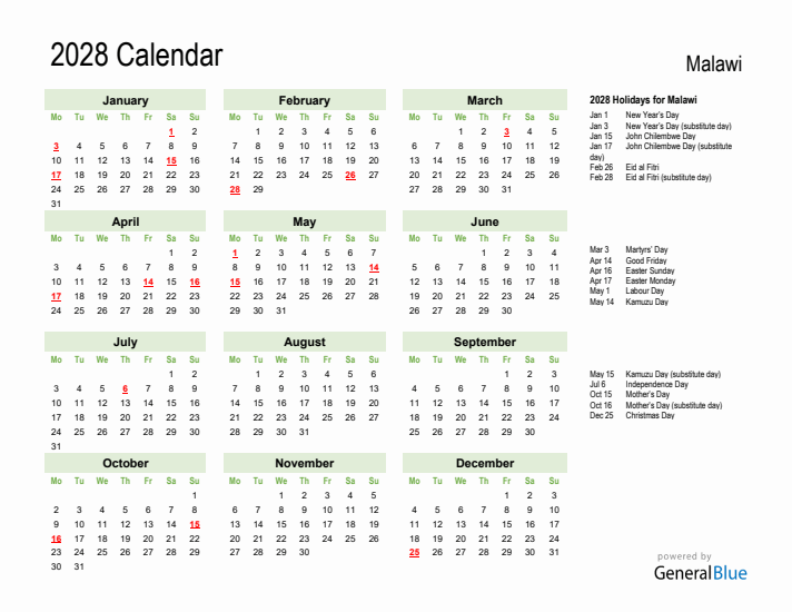 Holiday Calendar 2028 for Malawi (Monday Start)