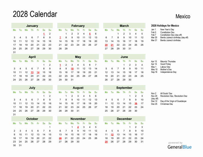 Holiday Calendar 2028 for Mexico (Monday Start)