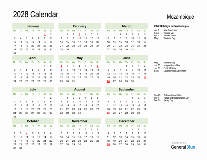 Holiday Calendar 2028 for Mozambique (Monday Start)