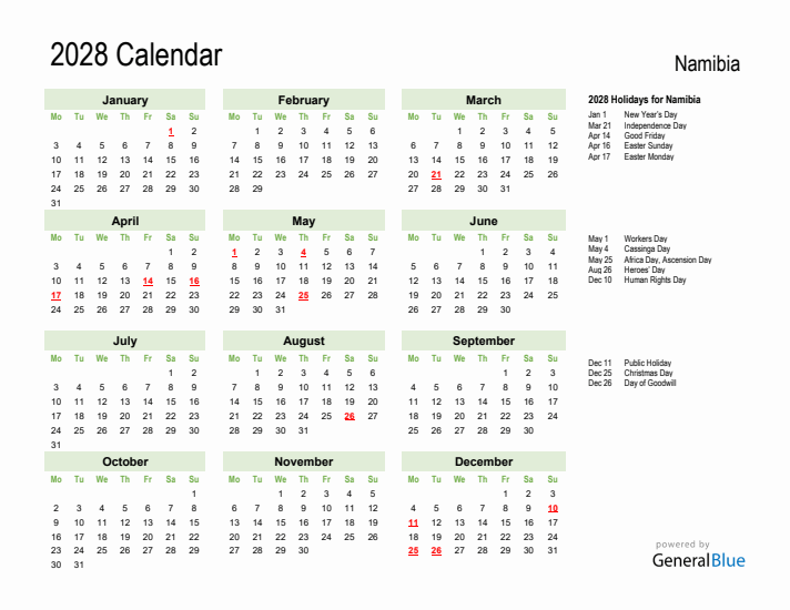 Holiday Calendar 2028 for Namibia (Monday Start)