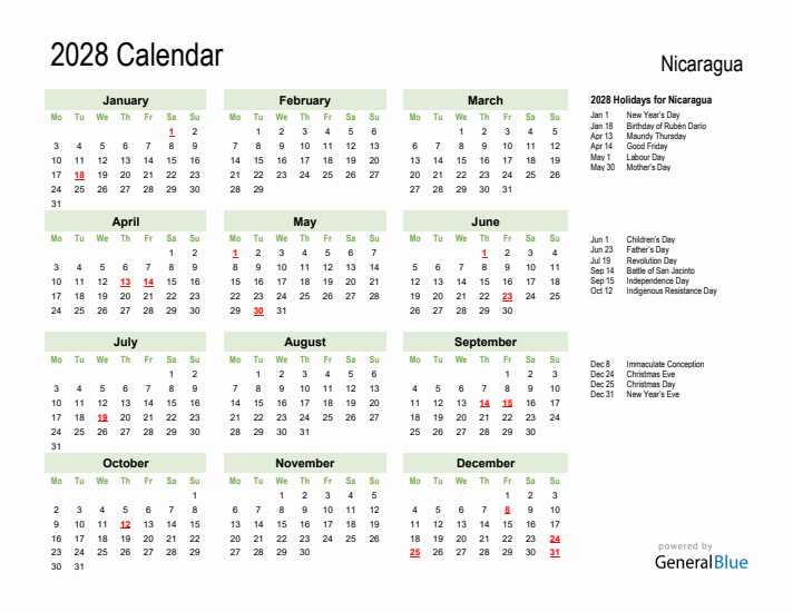 Holiday Calendar 2028 for Nicaragua (Monday Start)