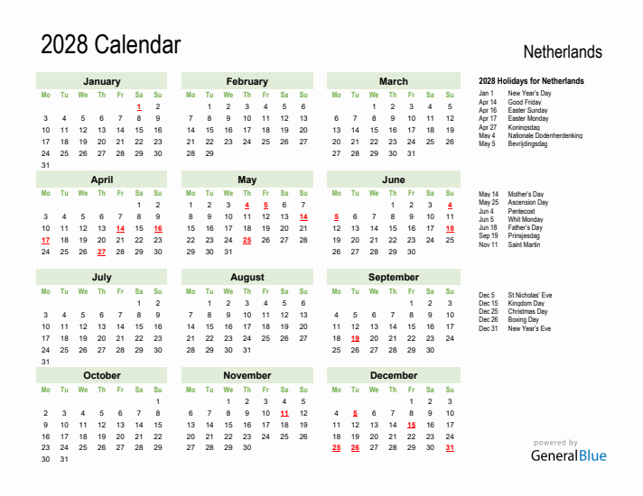 Holiday Calendar 2028 for The Netherlands (Monday Start)