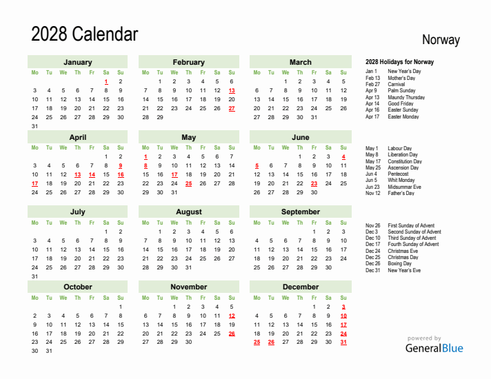 Holiday Calendar 2028 for Norway (Monday Start)