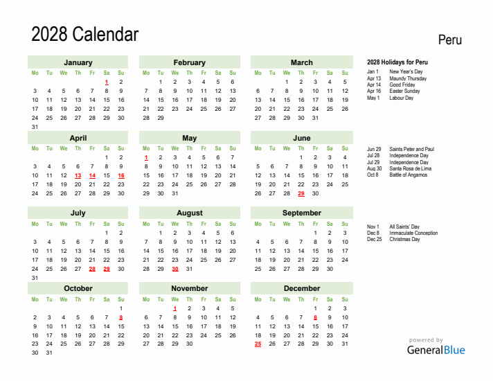 Holiday Calendar 2028 for Peru (Monday Start)