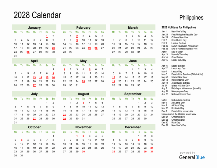 Holiday Calendar 2028 for Philippines (Monday Start)
