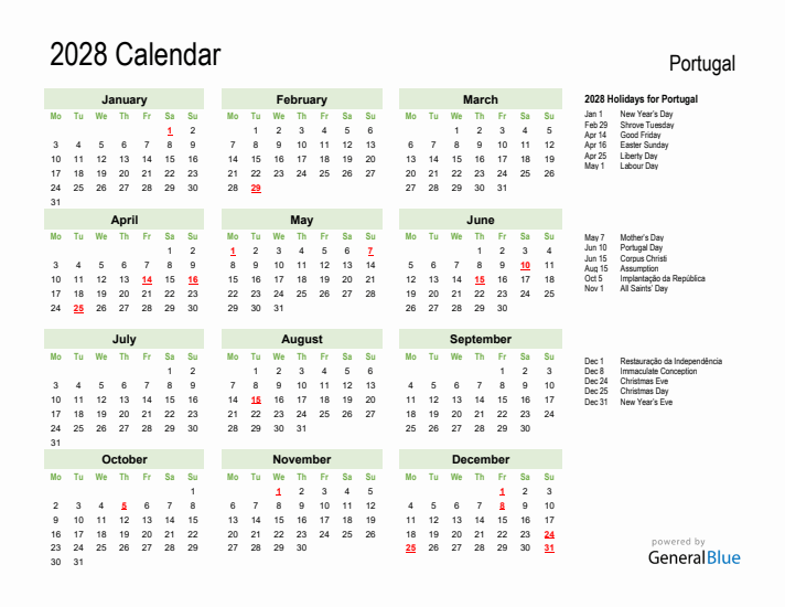 Holiday Calendar 2028 for Portugal (Monday Start)