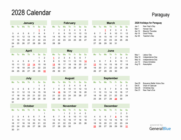 Holiday Calendar 2028 for Paraguay (Monday Start)