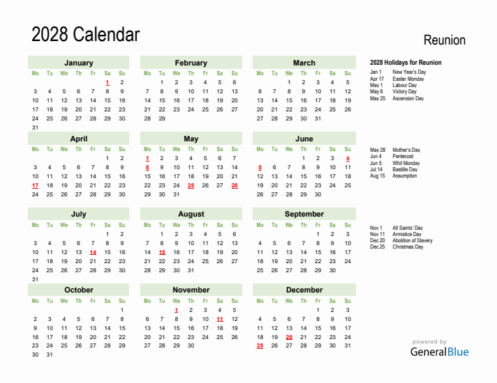 Holiday Calendar 2028 for Reunion (Monday Start)