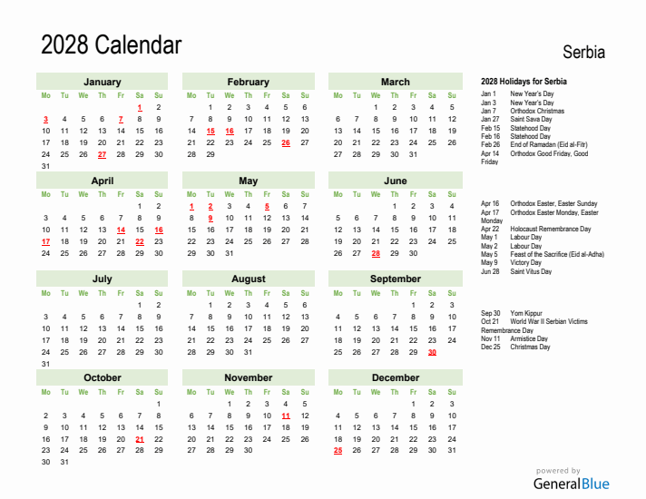 Holiday Calendar 2028 for Serbia (Monday Start)