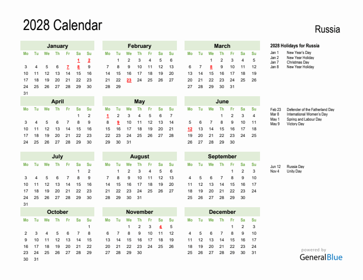 Holiday Calendar 2028 for Russia (Monday Start)