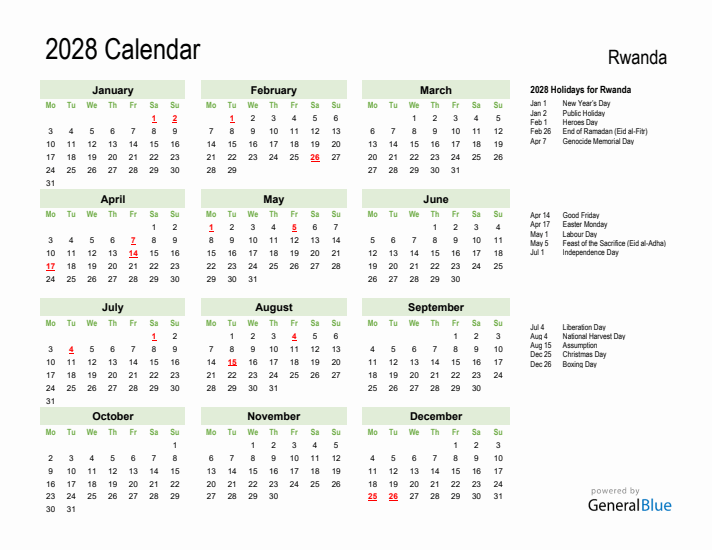 Holiday Calendar 2028 for Rwanda (Monday Start)