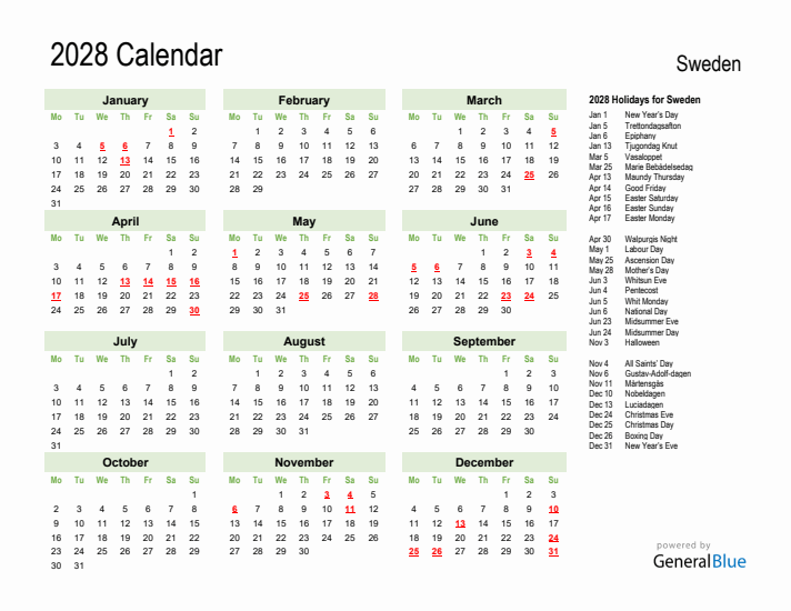 Holiday Calendar 2028 for Sweden (Monday Start)