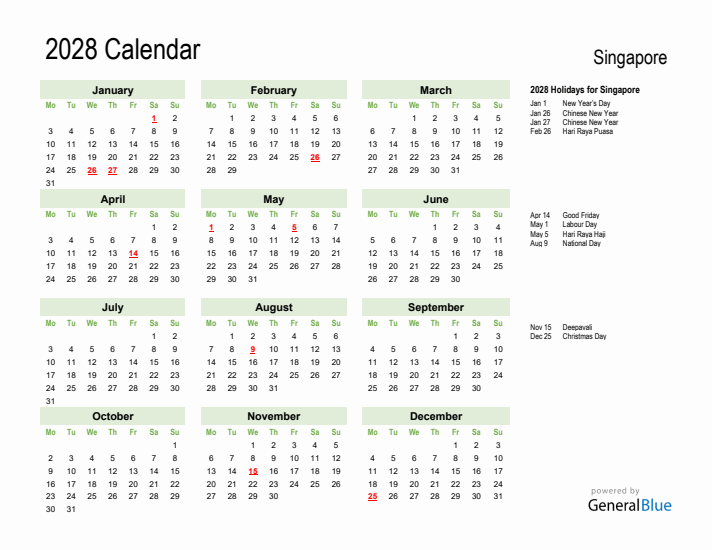 Holiday Calendar 2028 for Singapore (Monday Start)