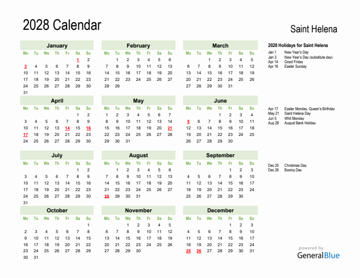 Holiday Calendar 2028 for Saint Helena (Monday Start)