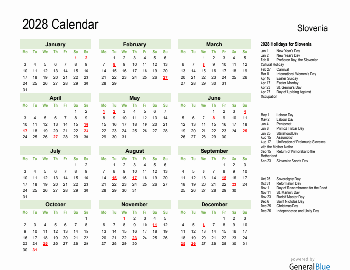 Holiday Calendar 2028 for Slovenia (Monday Start)