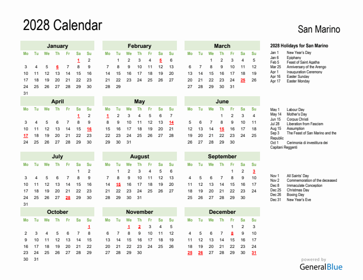 Holiday Calendar 2028 for San Marino (Monday Start)