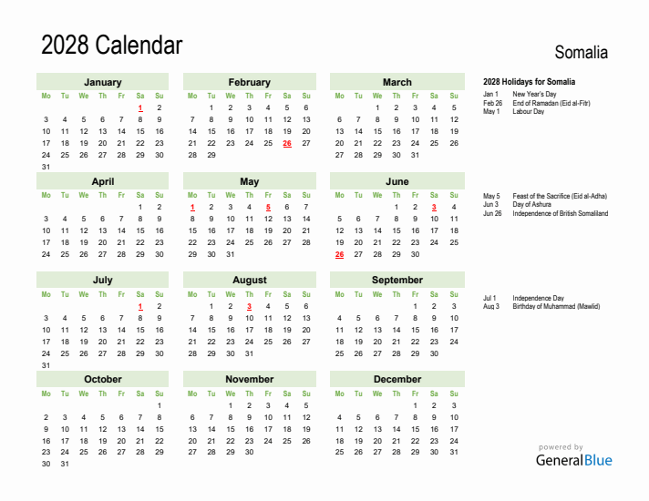 Holiday Calendar 2028 for Somalia (Monday Start)