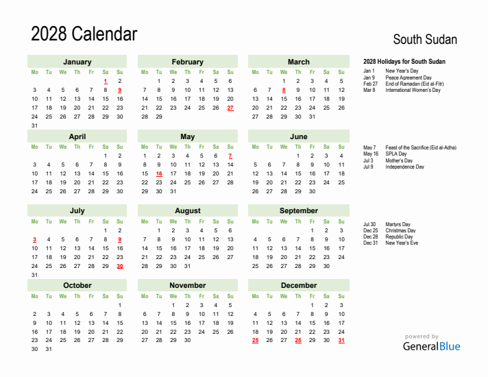 Holiday Calendar 2028 for South Sudan (Monday Start)