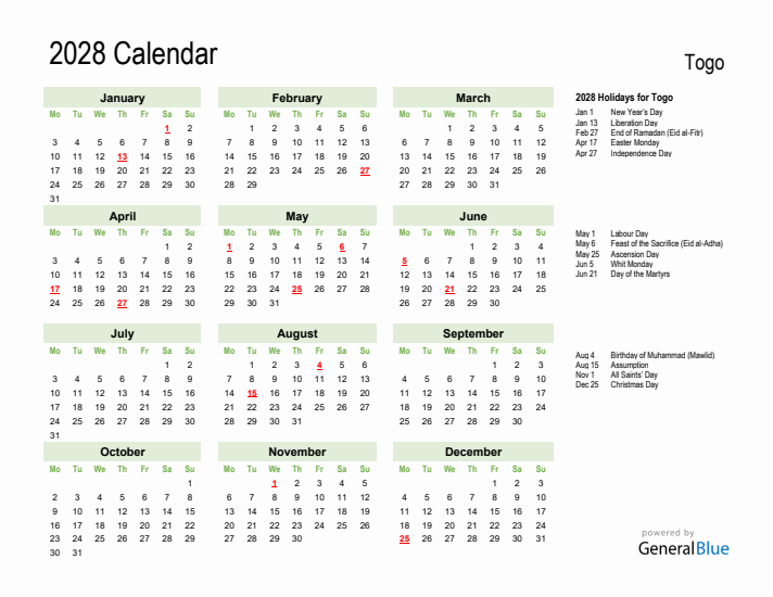 Holiday Calendar 2028 for Togo (Monday Start)