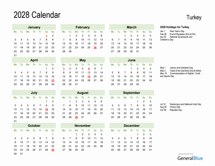 Holiday Calendar 2028 for Turkey (Monday Start)