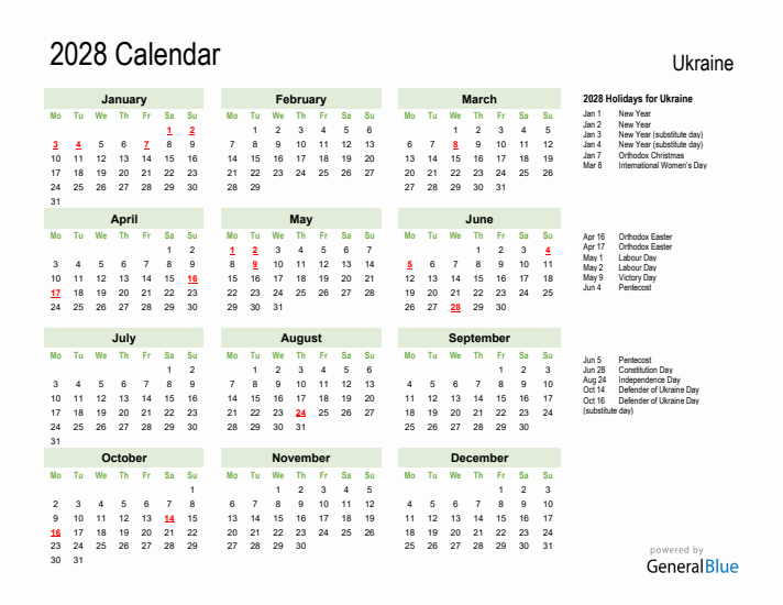 Holiday Calendar 2028 for Ukraine (Monday Start)