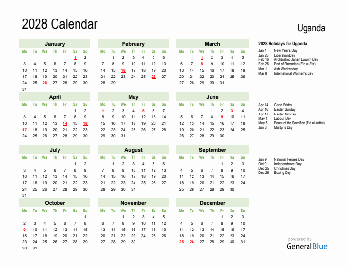 Holiday Calendar 2028 for Uganda (Monday Start)