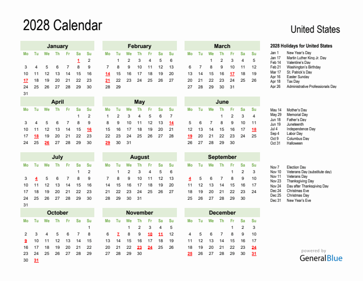Holiday Calendar 2028 for United States (Monday Start)