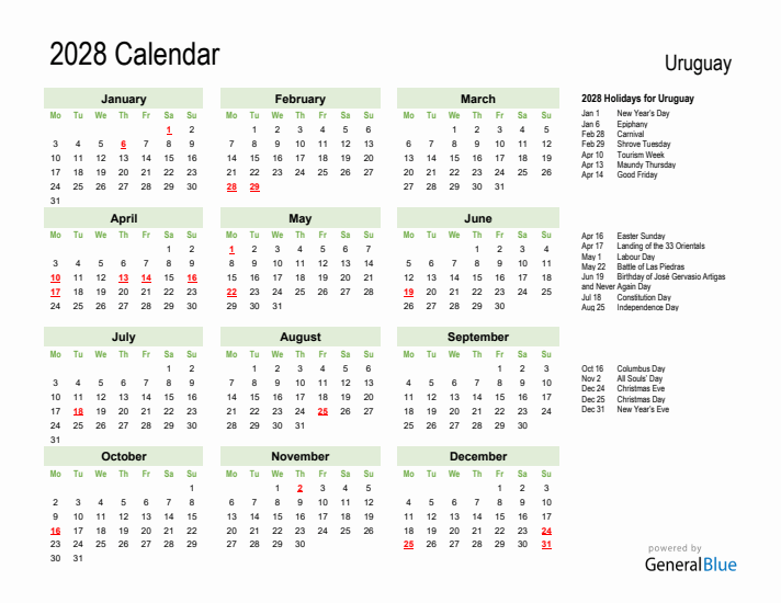 Holiday Calendar 2028 for Uruguay (Monday Start)