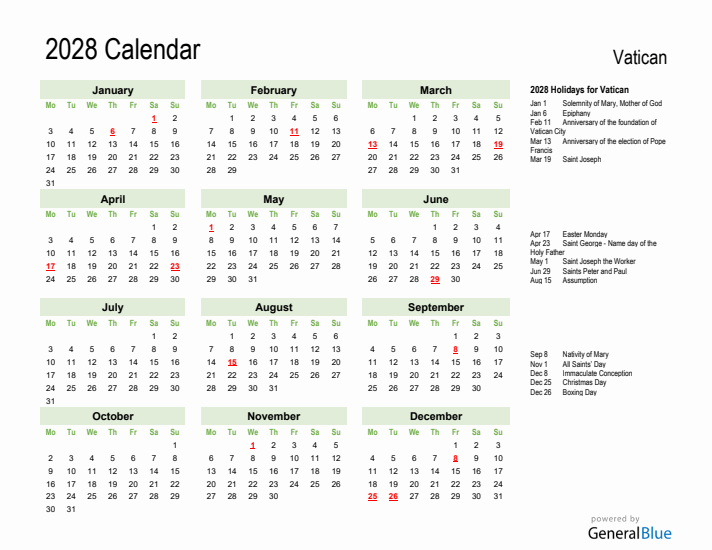 Holiday Calendar 2028 for Vatican (Monday Start)