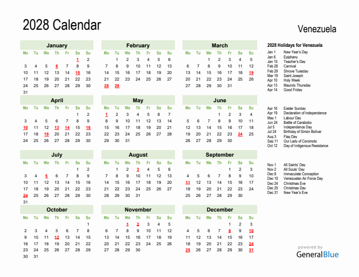 Holiday Calendar 2028 for Venezuela (Monday Start)