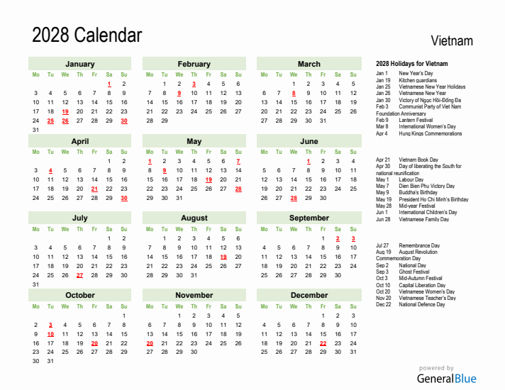 Holiday Calendar 2028 for Vietnam (Monday Start)
