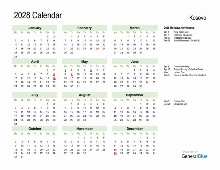 Holiday Calendar 2028 for Kosovo (Monday Start)