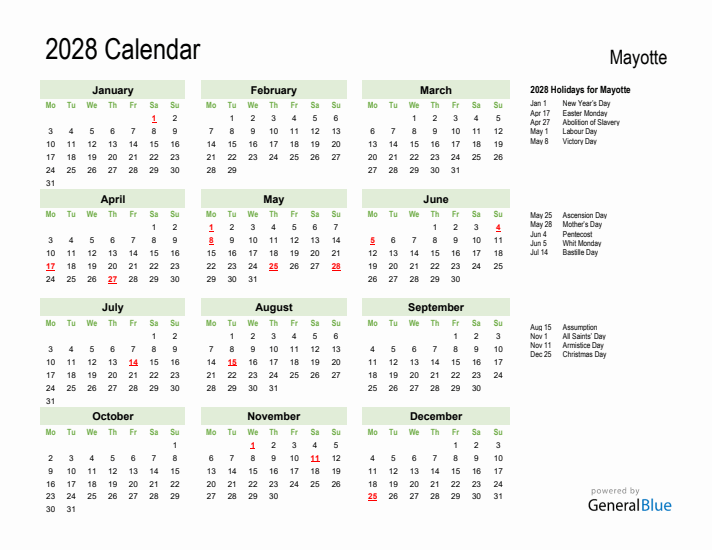 Holiday Calendar 2028 for Mayotte (Monday Start)