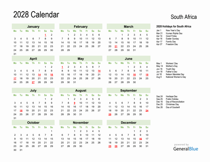 Holiday Calendar 2028 for South Africa (Monday Start)