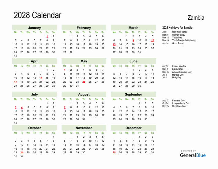 Holiday Calendar 2028 for Zambia (Monday Start)