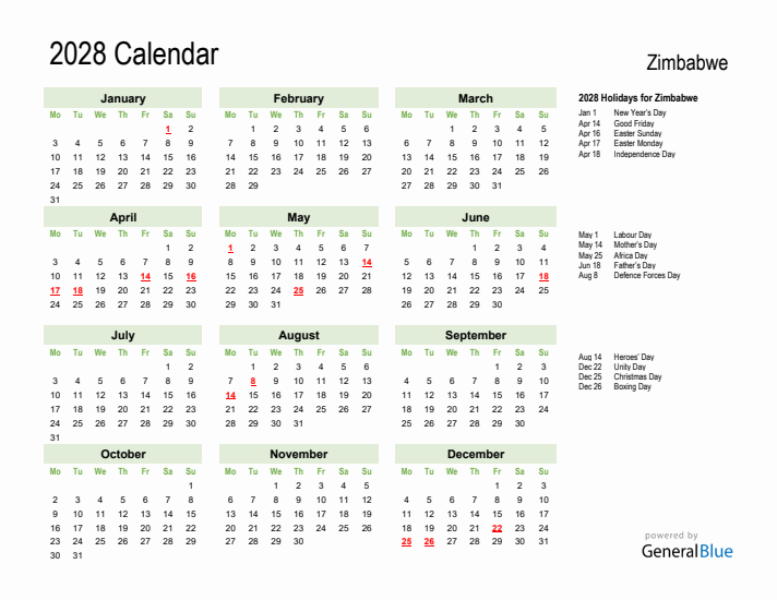 Holiday Calendar 2028 for Zimbabwe (Monday Start)