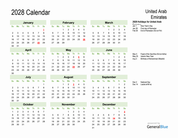 Holiday Calendar 2028 for United Arab Emirates (Sunday Start)