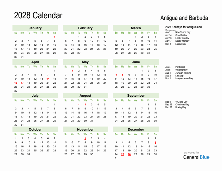 Holiday Calendar 2028 for Antigua and Barbuda (Sunday Start)