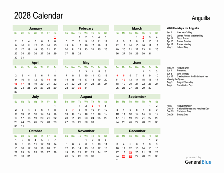 Holiday Calendar 2028 for Anguilla (Sunday Start)