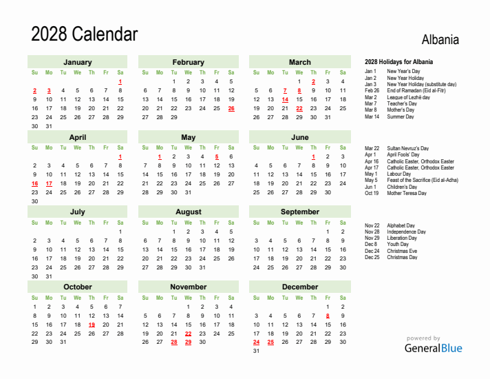 Holiday Calendar 2028 for Albania (Sunday Start)
