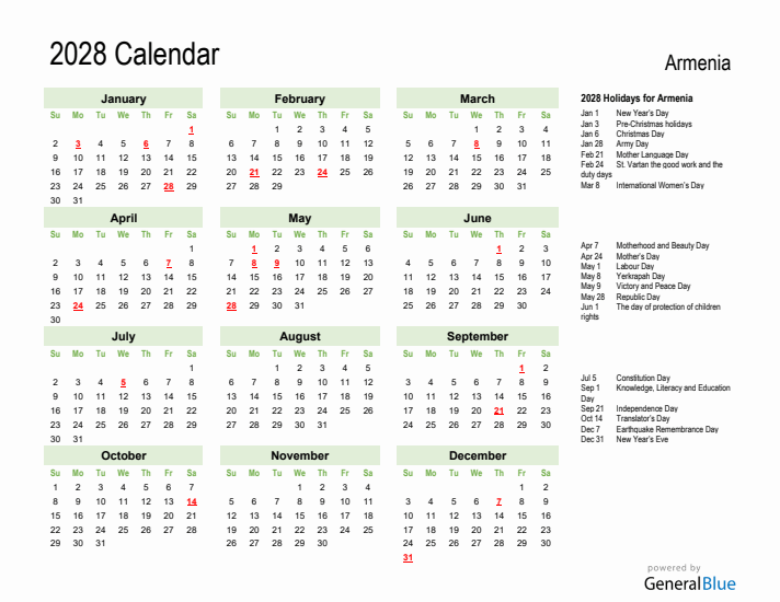 Holiday Calendar 2028 for Armenia (Sunday Start)