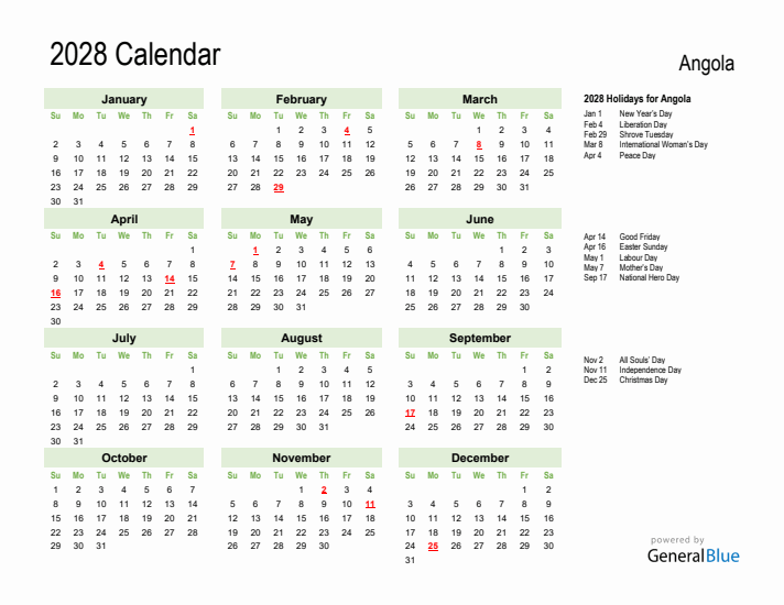 Holiday Calendar 2028 for Angola (Sunday Start)